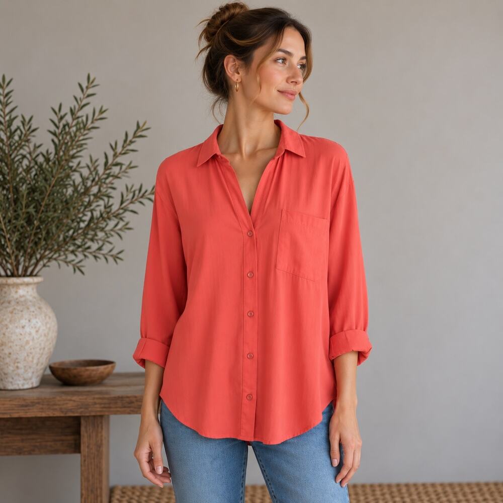 Bella Dahl Coral Long Sleeve  Button Down Shirt Medium